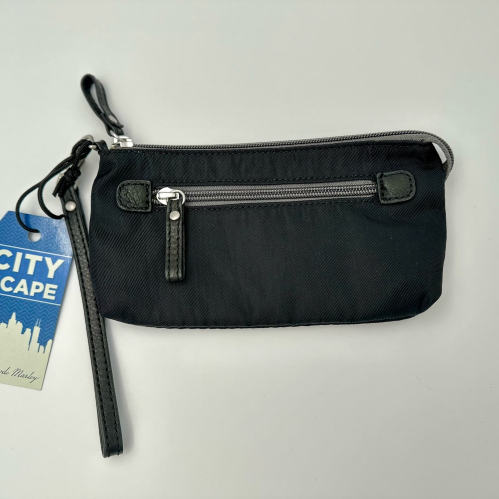 New Cityscape Wrislet Nylon Leather Trim Zip Pouch - Black